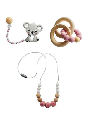 Tiny Teethers Designs Baby Girls 3 Piece Koala Silicone And Beech Wood Teething Gift Set, Pink, 0-24 Months -  0628451337126