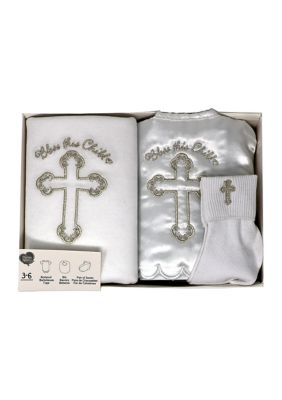Precious Moments Kids Baby Christening Bodysuit, Bib and Socks Gift Set, White, 3 – 6 Months