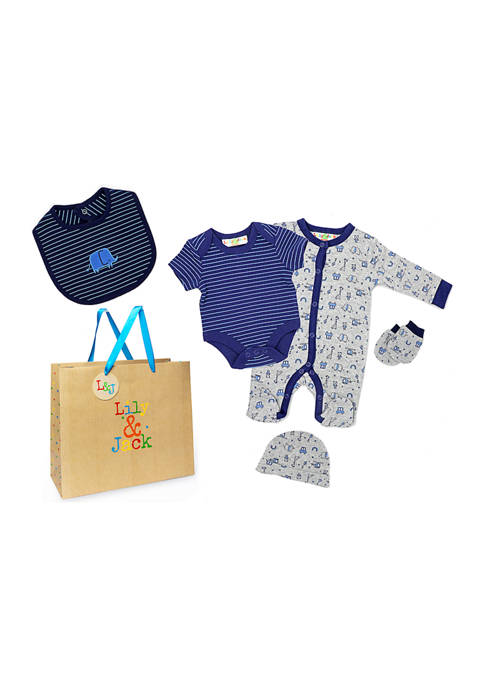 Baby Boys 5 Piece Animals Layette Gift Set in Mesh Bag, Newborn