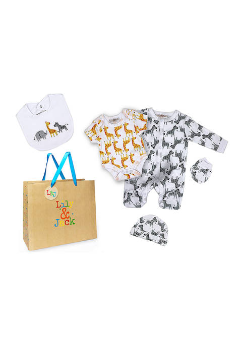 Baby Boys and Girls 5 Piece Safari Layette Gift Set in Mesh Bag, 0-3 Mo