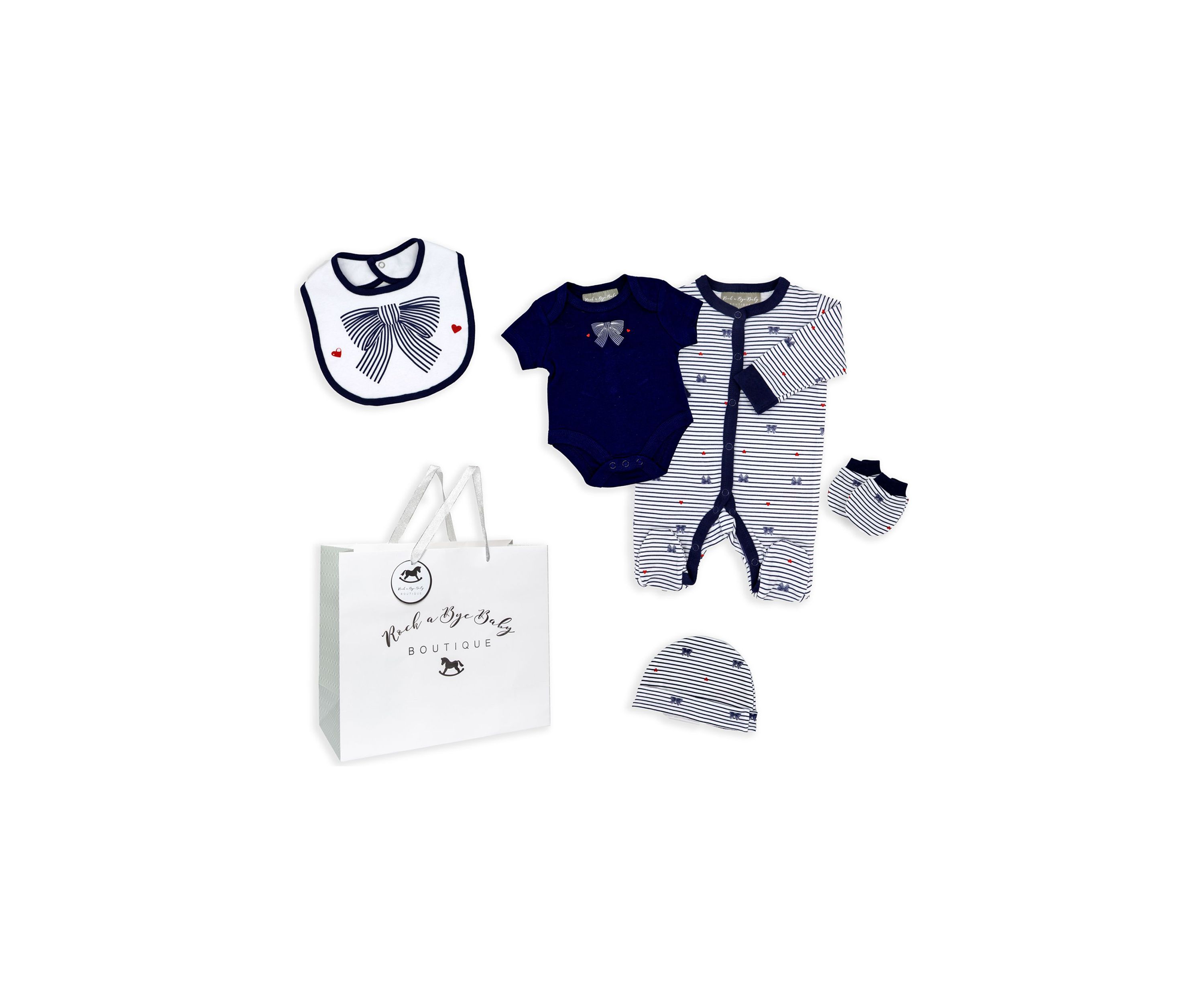 Baby Girls 5 Piece Navy Bows Layette Gift Set in Mesh Bag