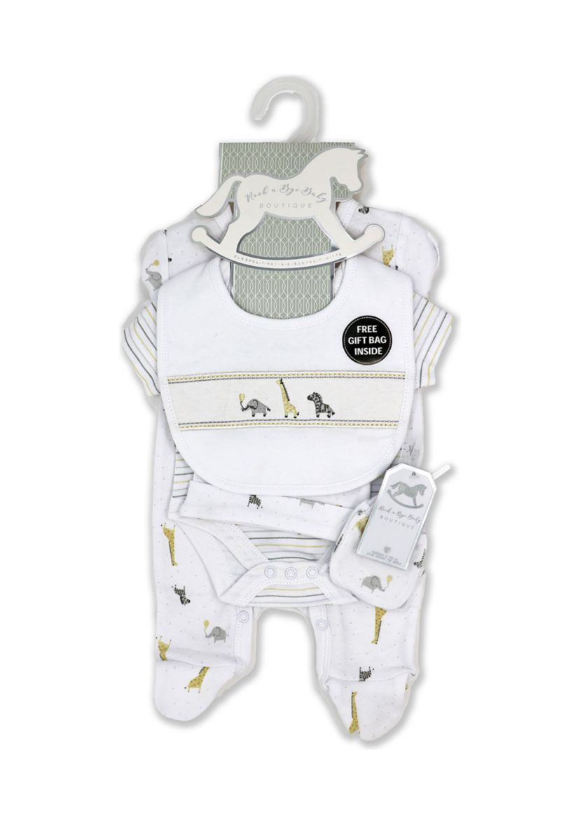 Baby Boys and Girls African Animal 5 Pc Layette Gift Set in Mesh Bag