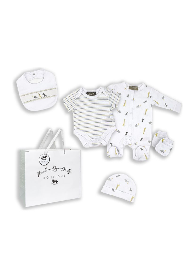 Baby Boys and Girls African Animal 5 Pc Layette Gift Set in Mesh Bag