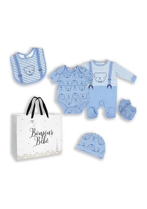 Baby Boys Bear Suspender 5 Piece Layette Gift Set in Mesh Bag