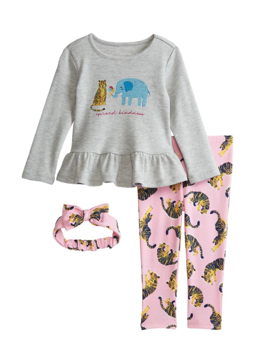 Baby Girls Long Sleeve Peplum Top and Leggings Set with Matching Headband
