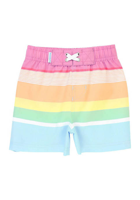 RuffleButts Toddler Boys Rainbow Multi-Stripe Swim Trunks