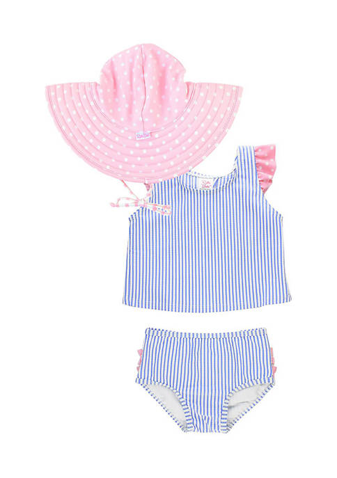 Toddler Girls Periwinkle Seersucker Tulip Back Tankini & Pink Hat Set