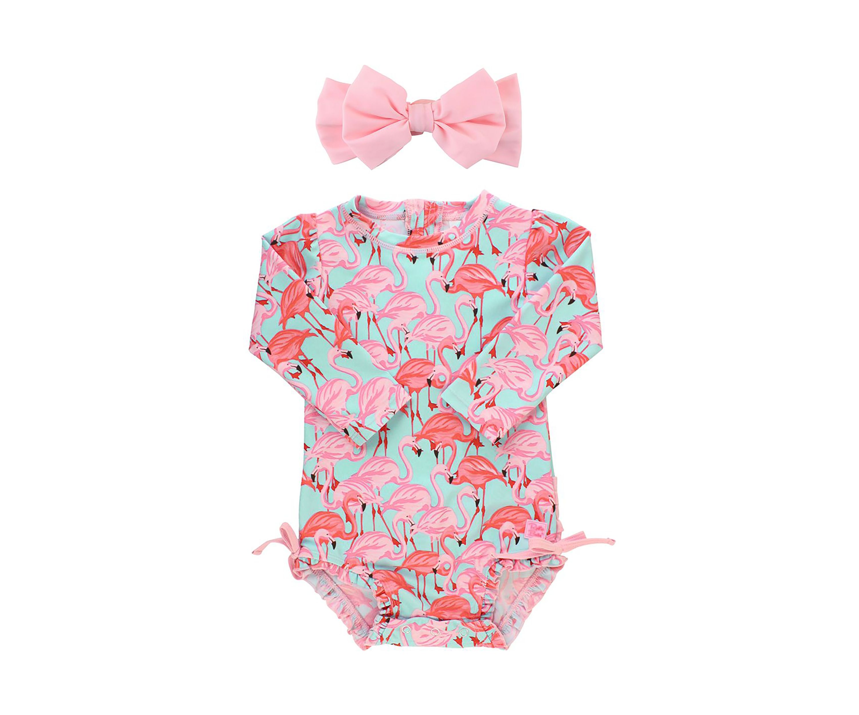 Fab Flamingo One Piece Rash Guard & Pink Swim Bow Headband