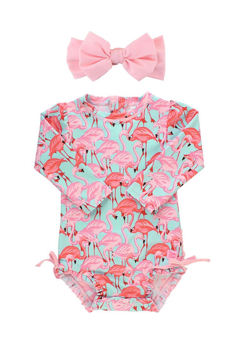 Fab Flamingo One Piece Rash Guard & Pink Swim Bow Headband