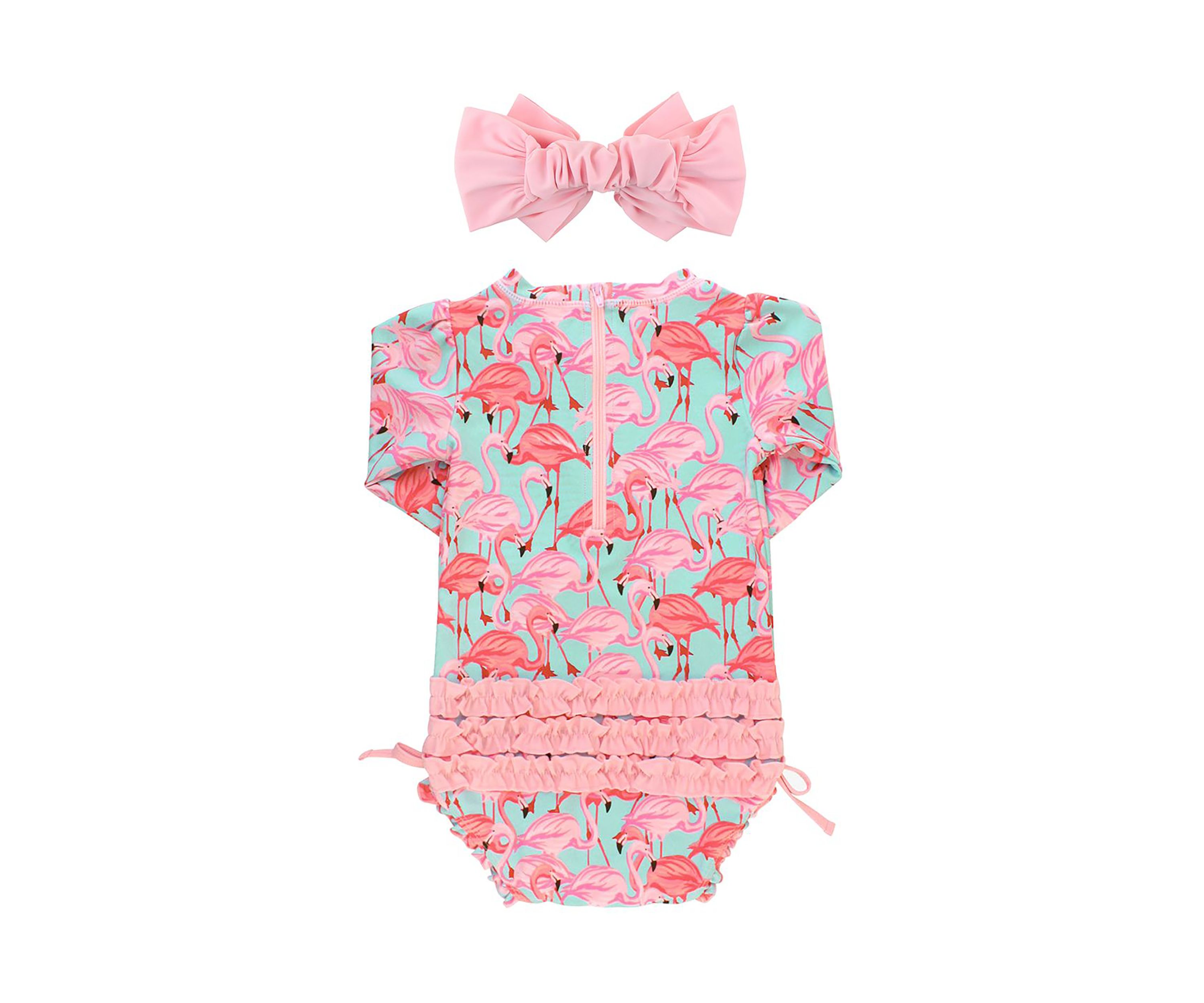 Fab Flamingo One Piece Rash Guard & Pink Swim Bow Headband