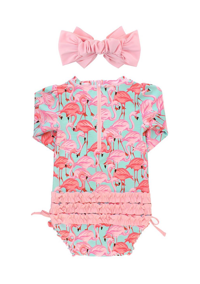 Fab Flamingo One Piece Rash Guard & Pink Swim Bow Headband