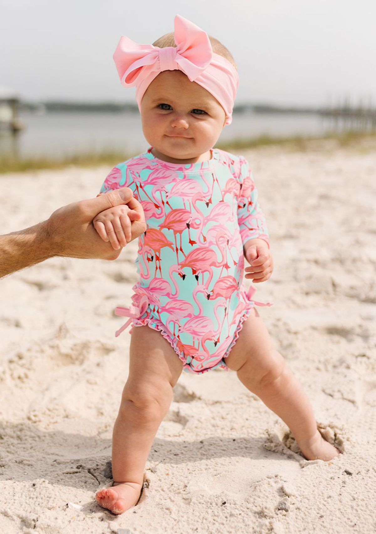 Fab Flamingo One Piece Rash Guard & Pink Swim Bow Headband