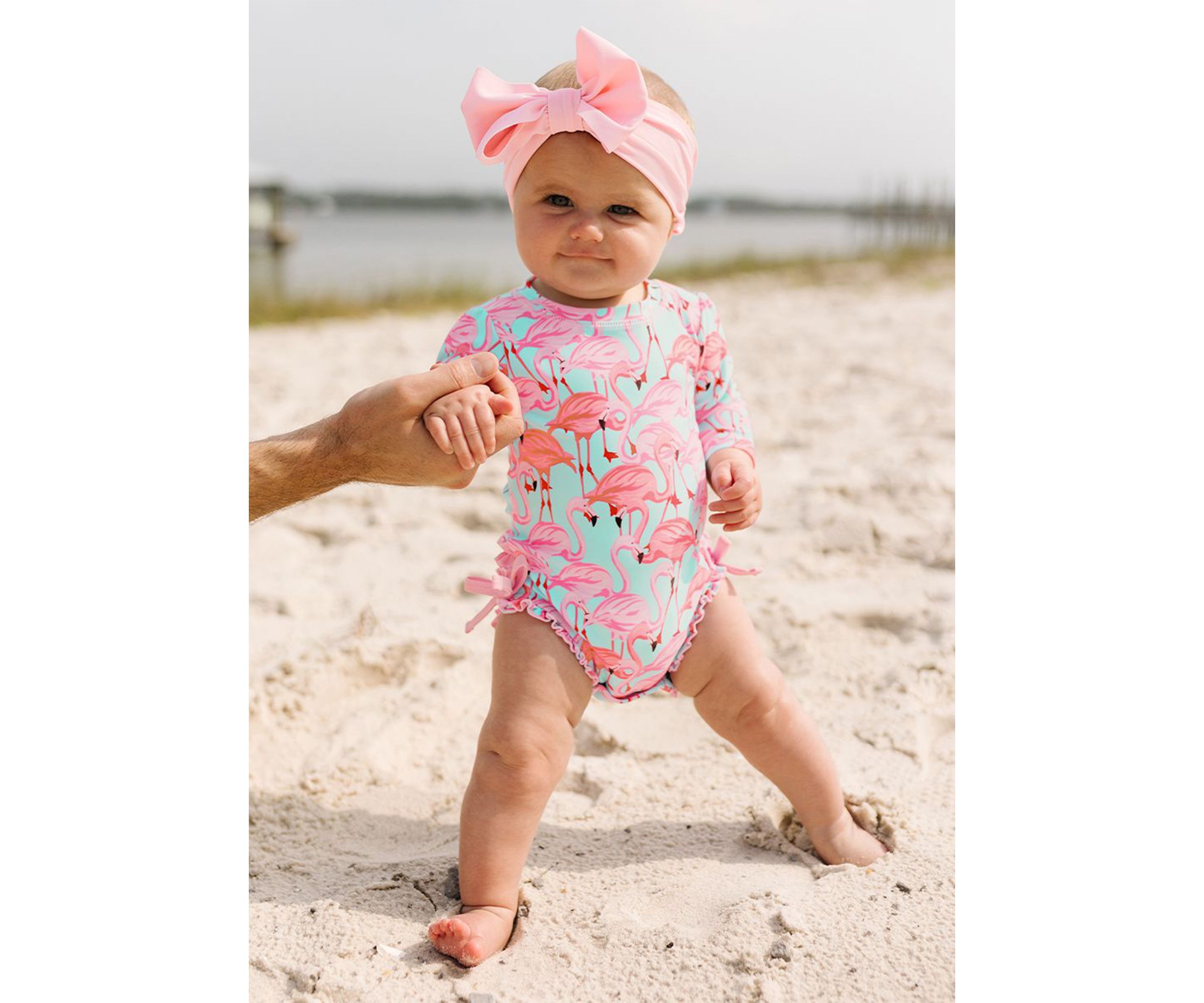 Fab Flamingo One Piece Rash Guard & Pink Swim Bow Headband