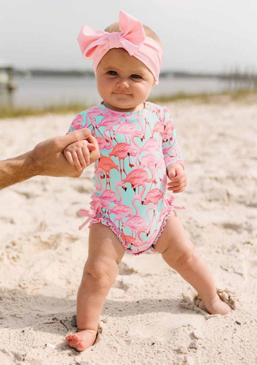 Fab Flamingo One Piece Rash Guard & Pink Swim Bow Headband