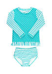 Toddler Girls Aqua Striped Polka Long Sleeve Rash Guard Bikini