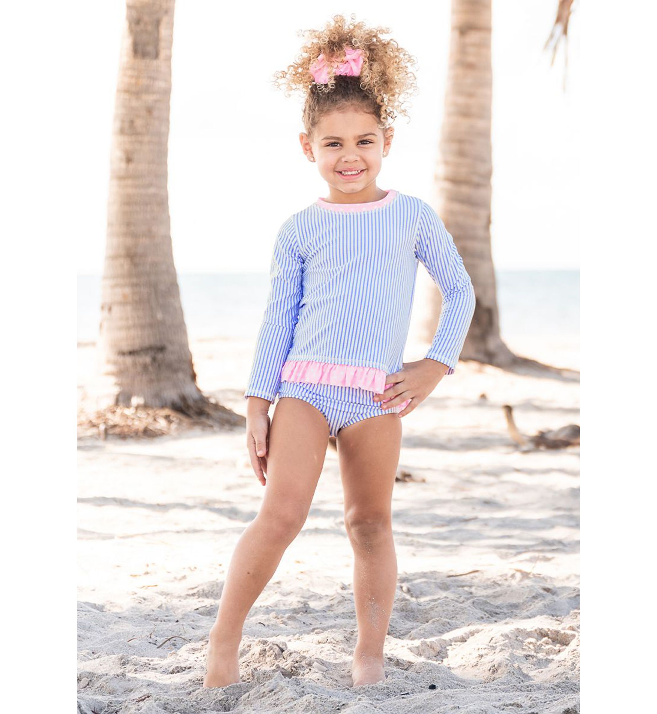 Periwinkle Blue Seersucker Long Sleeve Rash Guard Bikini