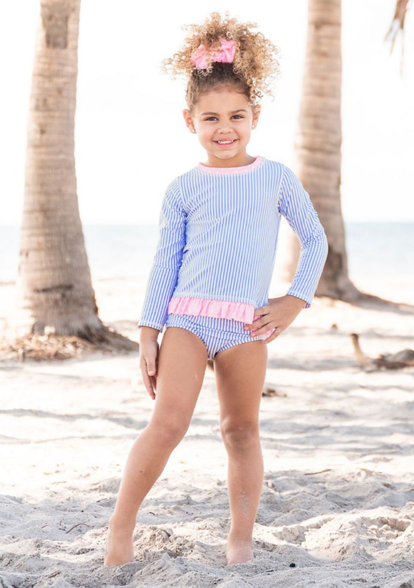 Periwinkle Blue Seersucker Long Sleeve Rash Guard Bikini