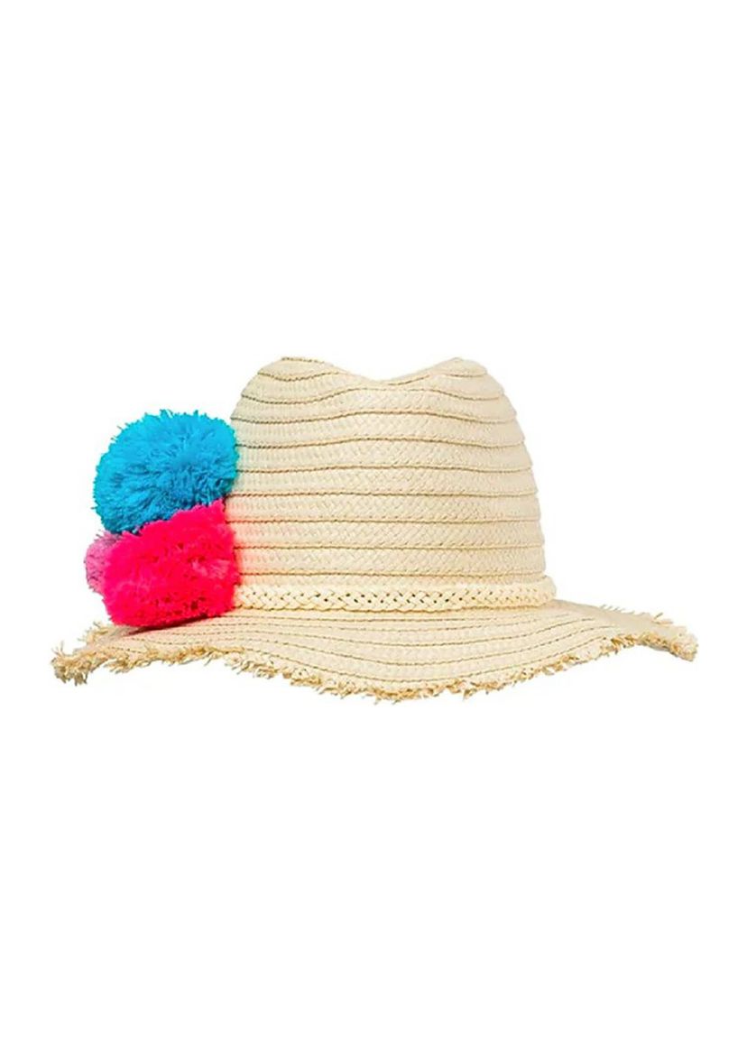 Girls 7-16 Pom Pom Straw Hat