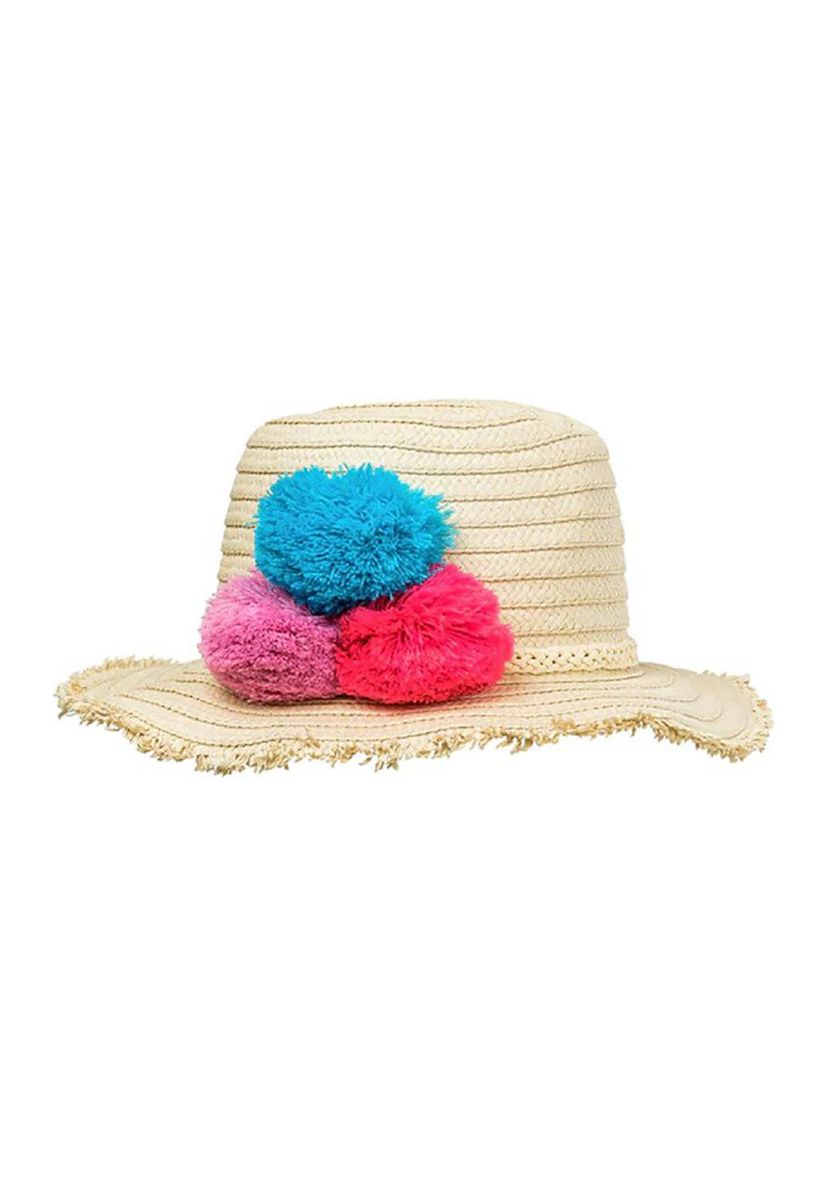 Girls 7-16 Pom Pom Straw Hat