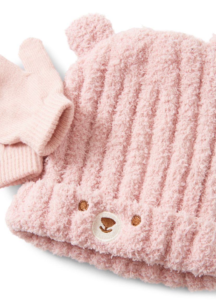 Girls Pink Bear Hat and Mittens Set