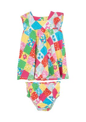 Counting Daisies Baby Girls Puff Sleeve Patchwork Dress and Bloomer, Fuchsia, 24 Months