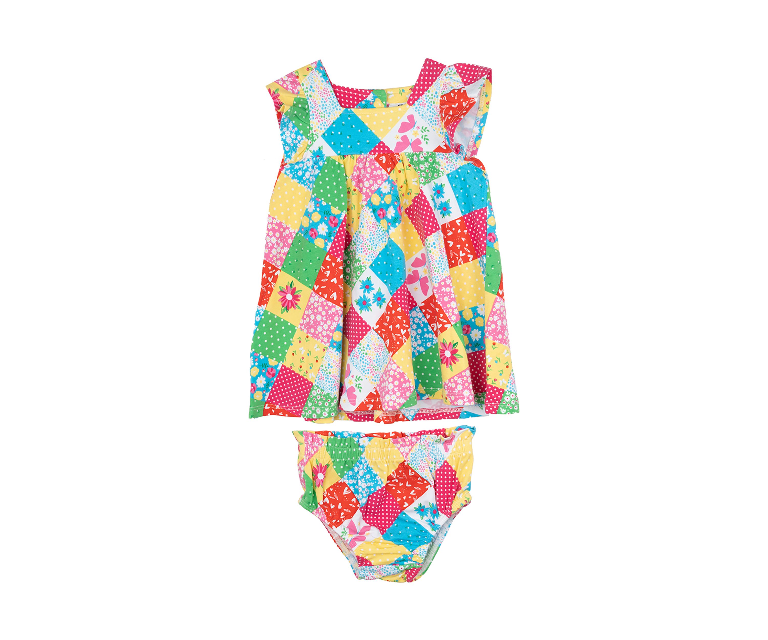 Baby Girls Puff Sleeve Patchwork Dress and Bloomer