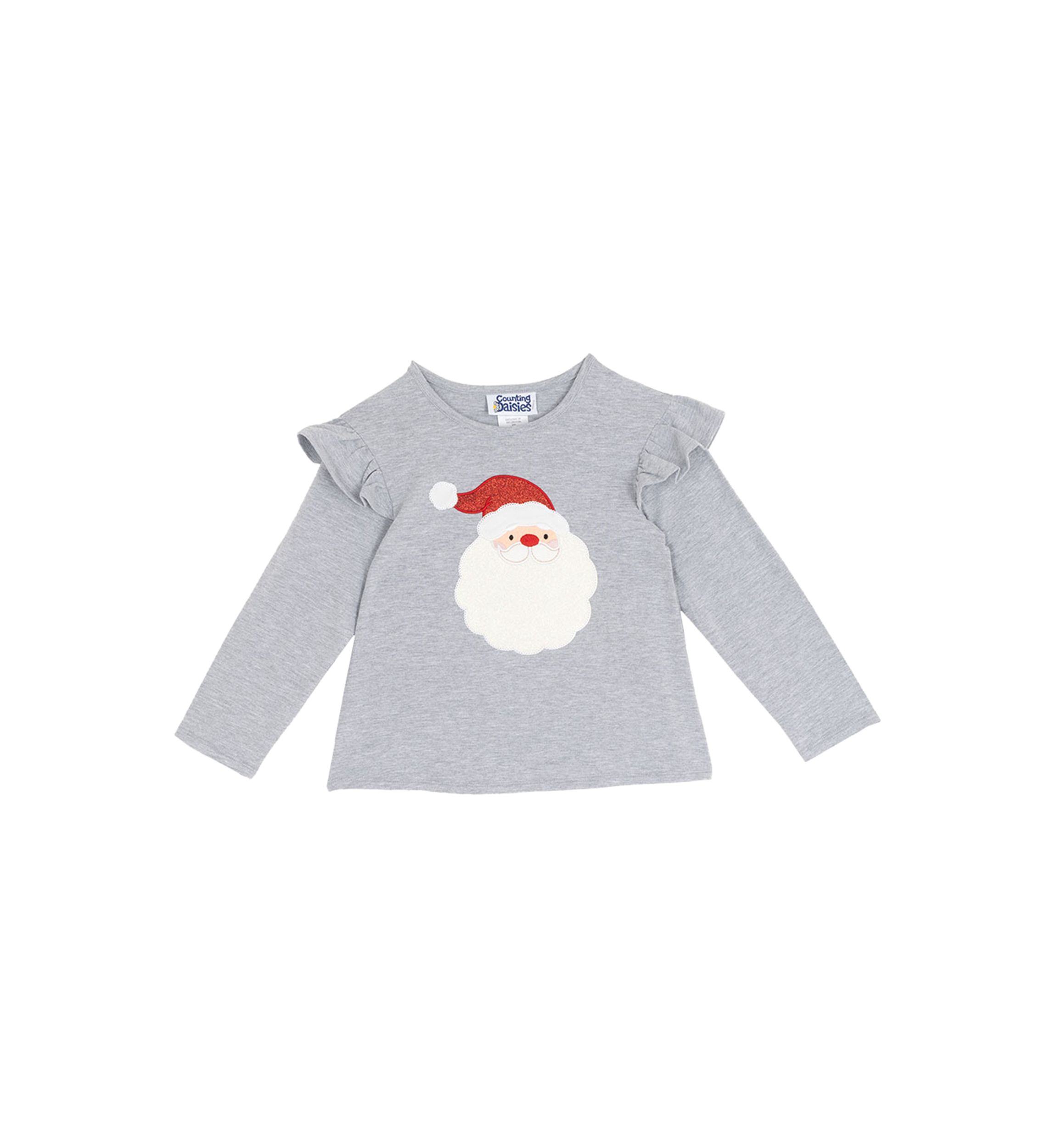 Toddler Girls Long Sleeve Ruffled Shoulder Santa T-Shirt 