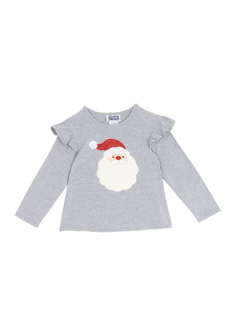 Toddler Girls Long Sleeve Ruffled Shoulder Santa T-Shirt 