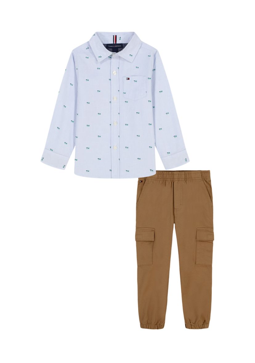 Toddler Boys Printed Dress Shirt and Cargo Jogger Set 
