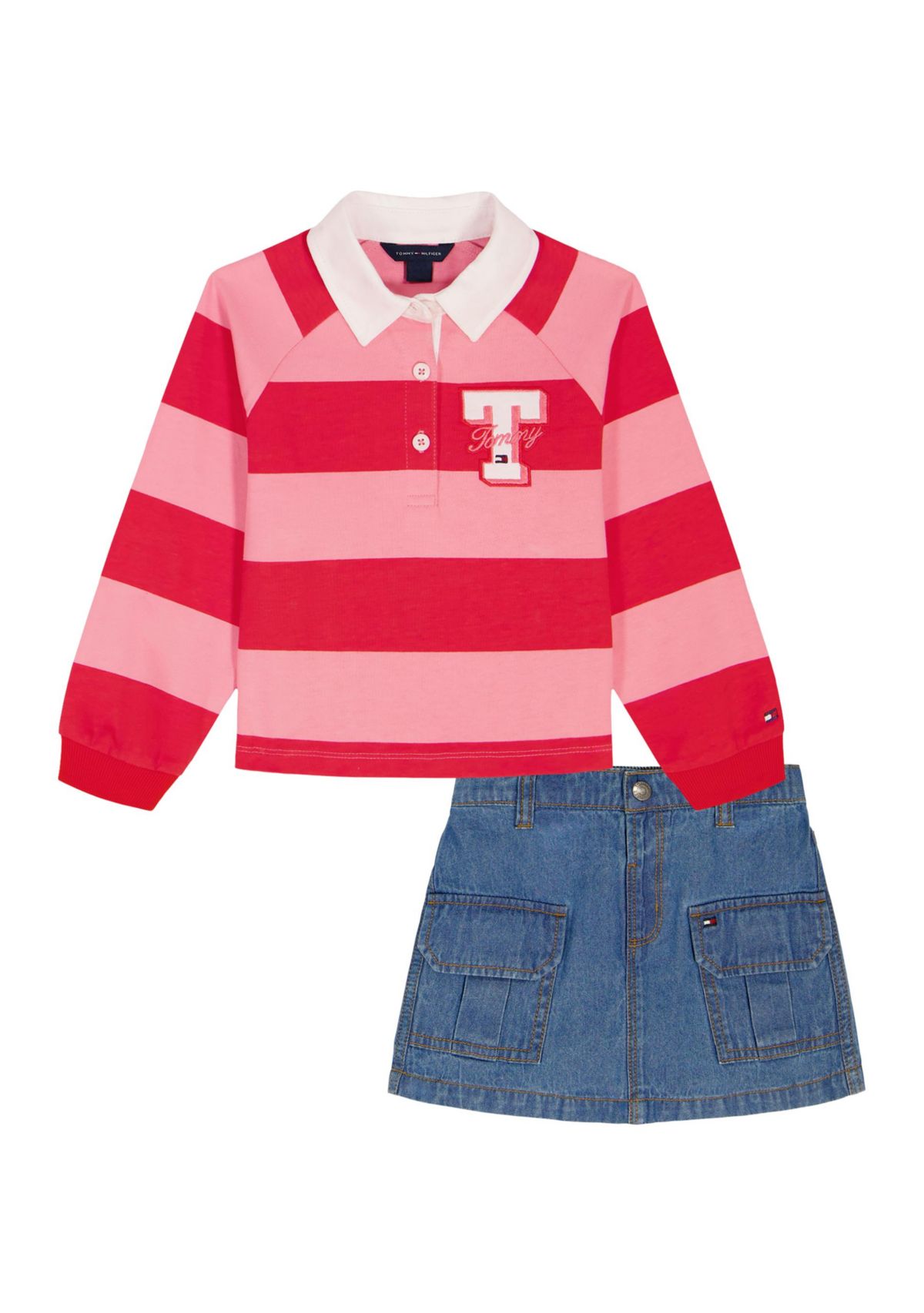 Girls 4-16 Striped Polo Shirt and Denim Skirt Set