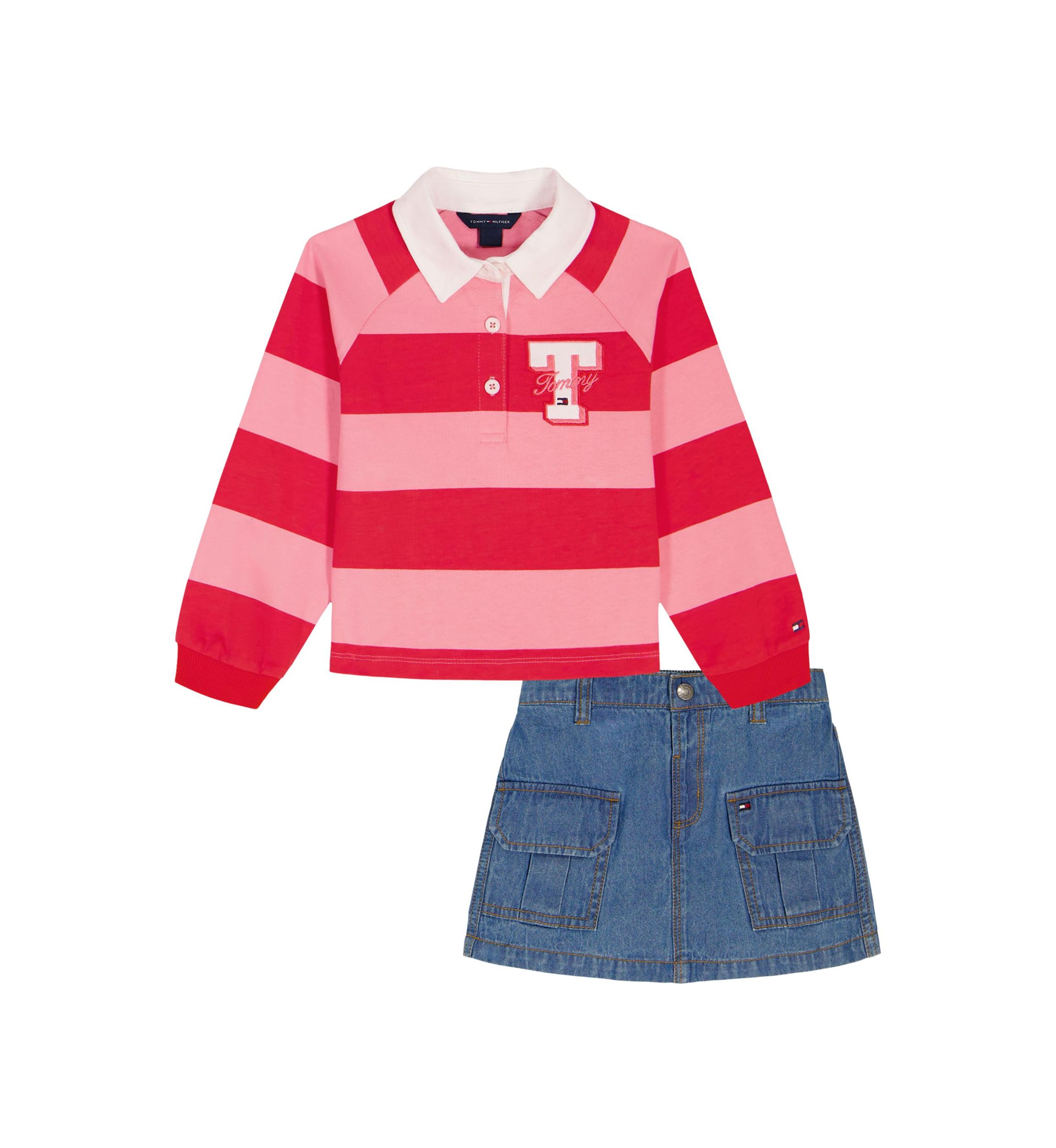 Girls 4-16 Striped Polo Shirt and Denim Skirt Set