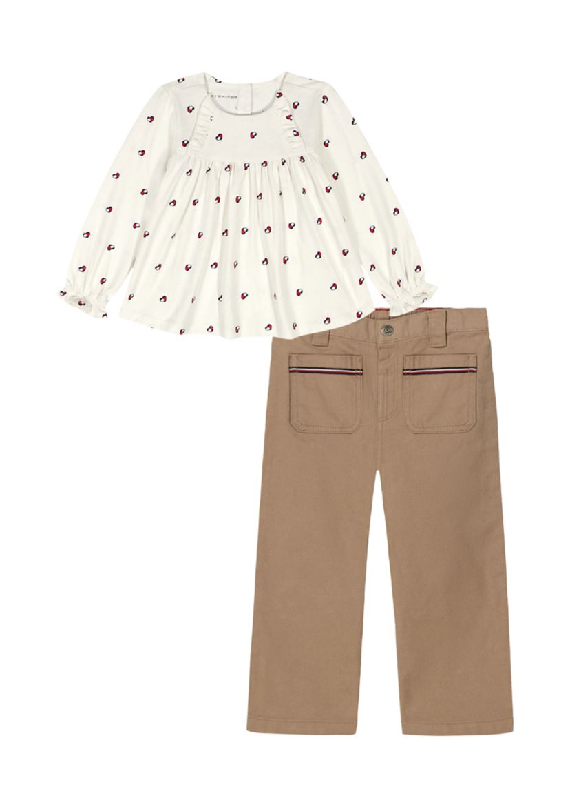 Toddler Girls Printed Woven Top with Twill Wide Leg Pants 