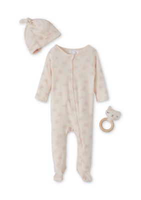 Adley & Hudson Baby Girls Bow Print Bodysuit with Cap and Kitty Rattle, 6 - 9 Months