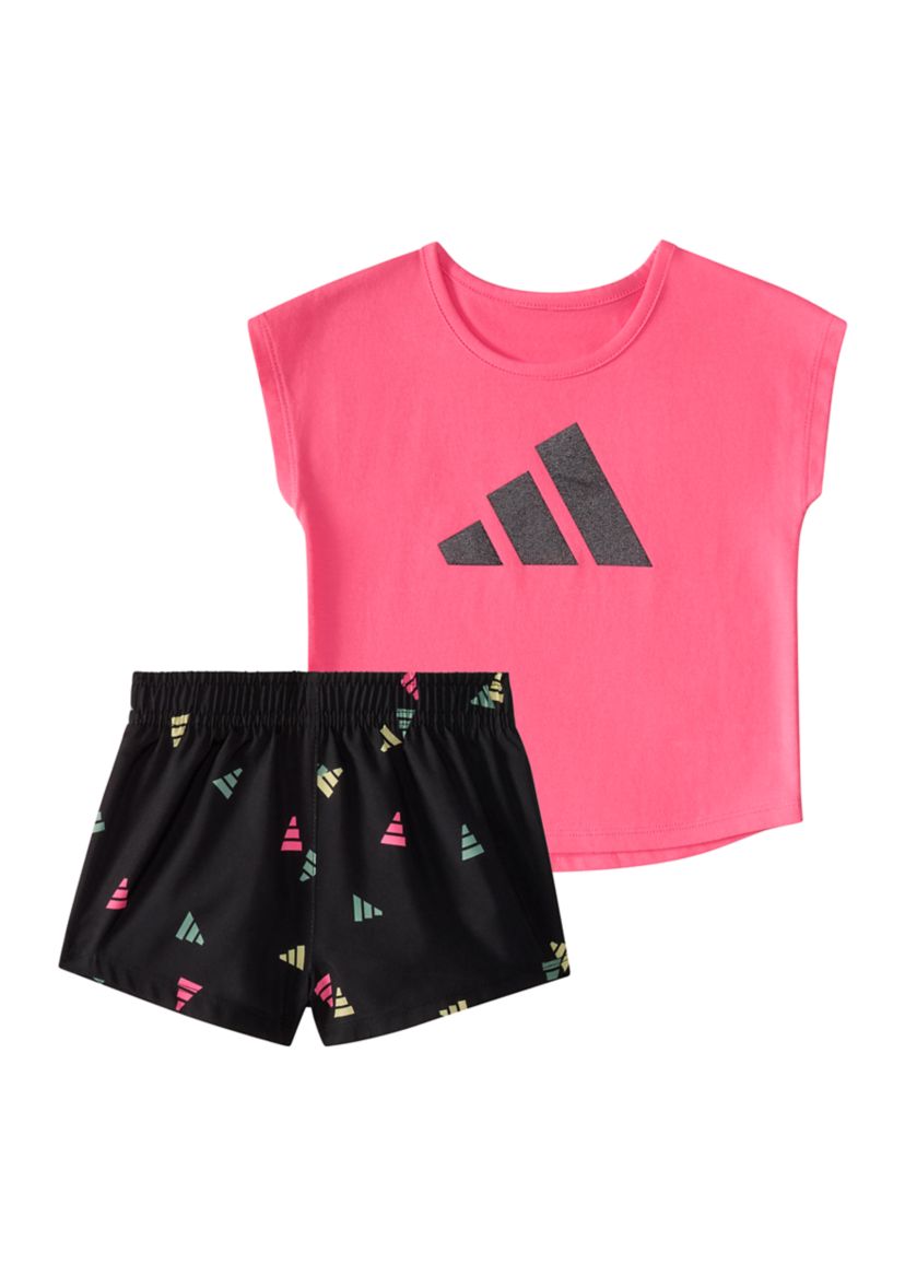 Toddler Girls Two Piece Short Sleeve Cotton T-Shirt & Woven Shorts Set