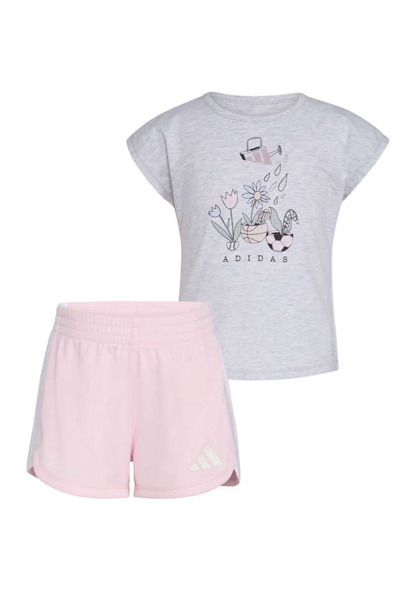 Toddler Girls 2 Piece Short Sleeve Graphic Heather T-Shirt and Mesh Short Set