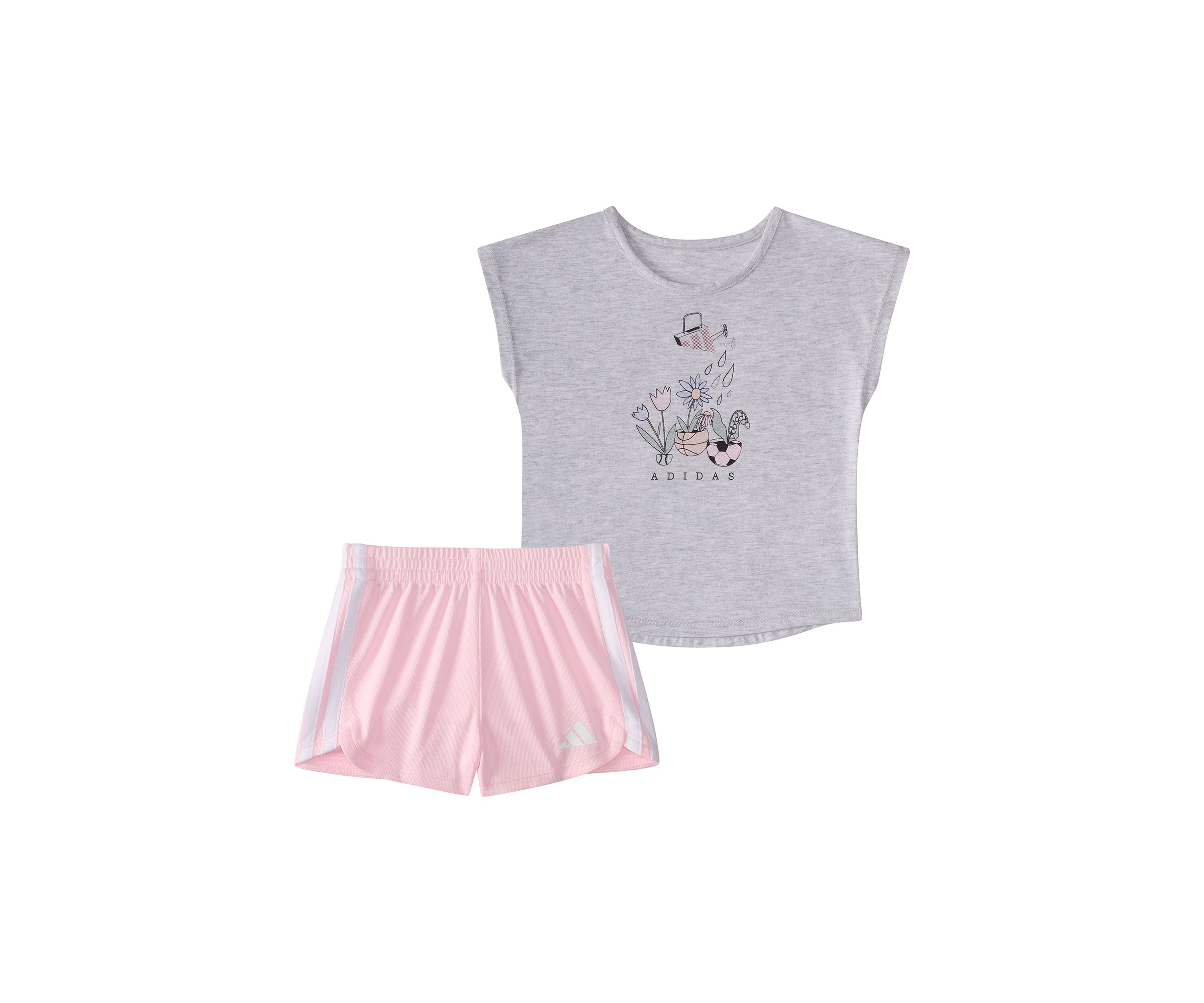 Toddler Girls 2 Piece Short Sleeve Graphic Heather T-Shirt and Mesh Short Set