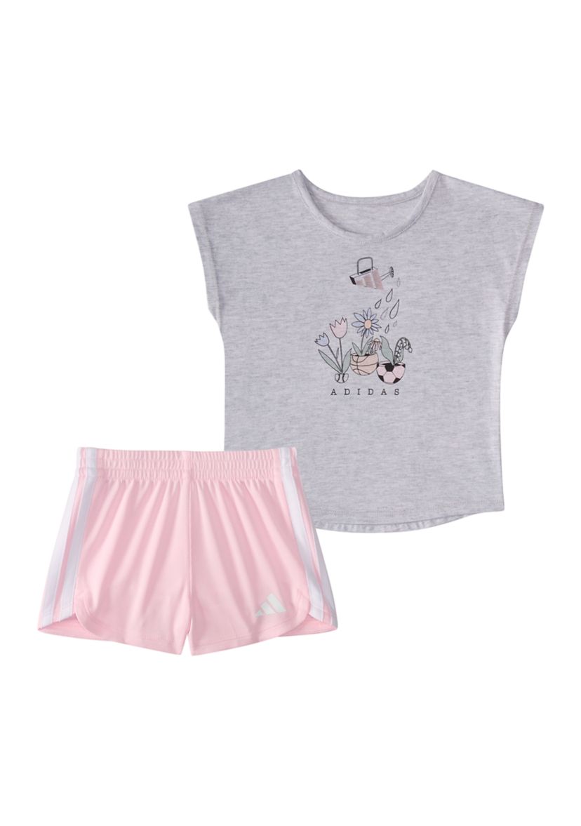 Toddler Girls 2 Piece Short Sleeve Graphic Heather T-Shirt and Mesh Short Set