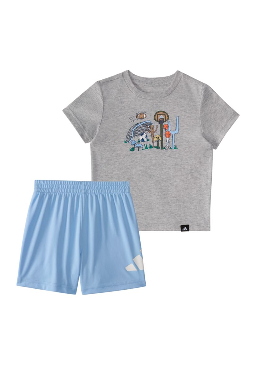 Toddler Boys Two-Piece Short Sleeve Cotton Heather Tee & Elastic Waistband Logo Short Set