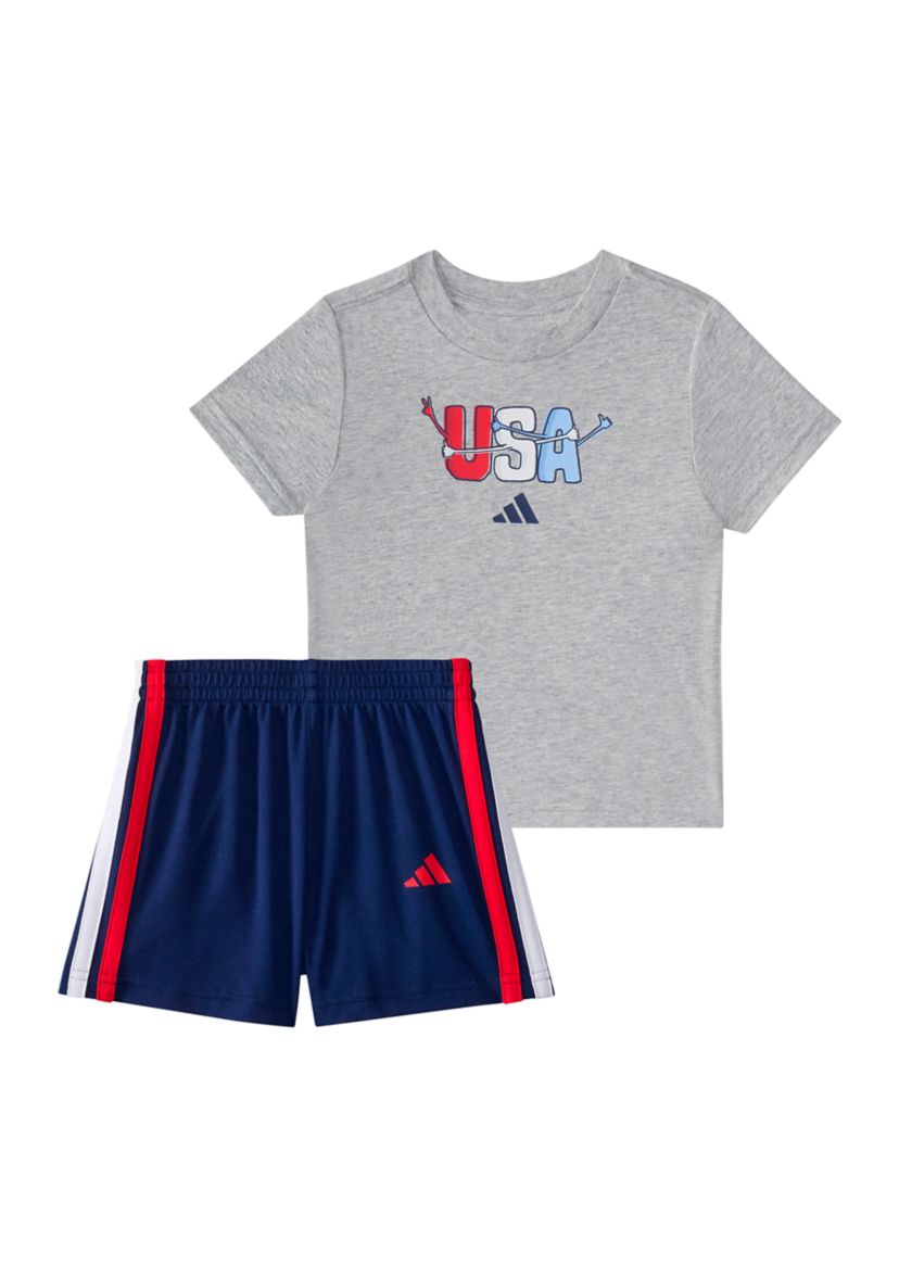 Baby Boys Two Piece Short Sleeve Graphic Cotton Heather T-Shirt and 3-Stripe Shorts Set