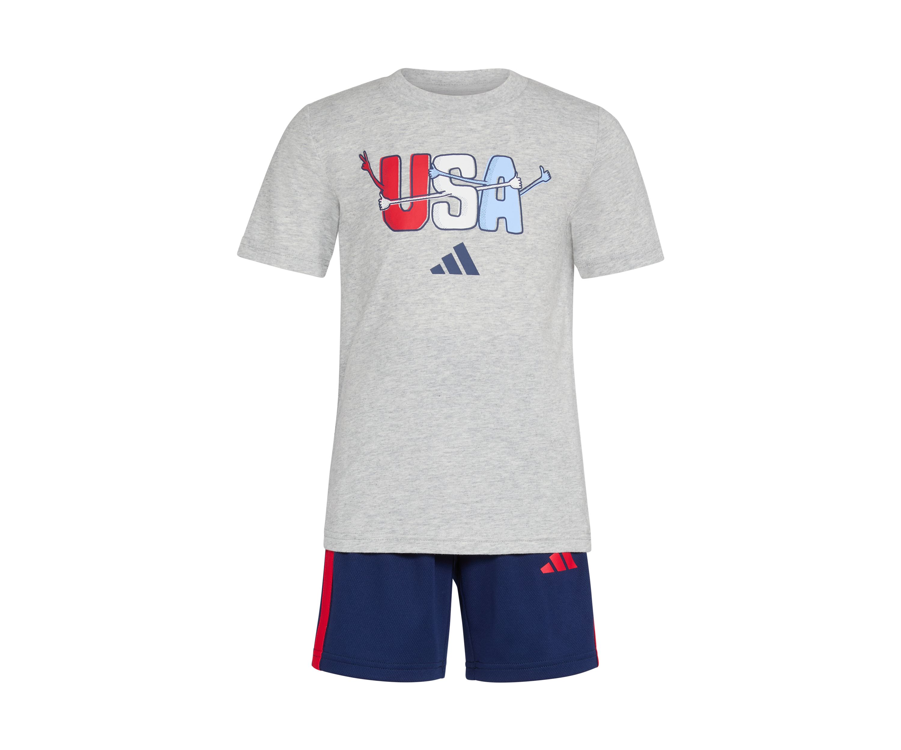 Boys 4-7 Two Piece Short Sleeve Graphic Cotton Heather T-Shirt and 3-Stripe Shorts Set