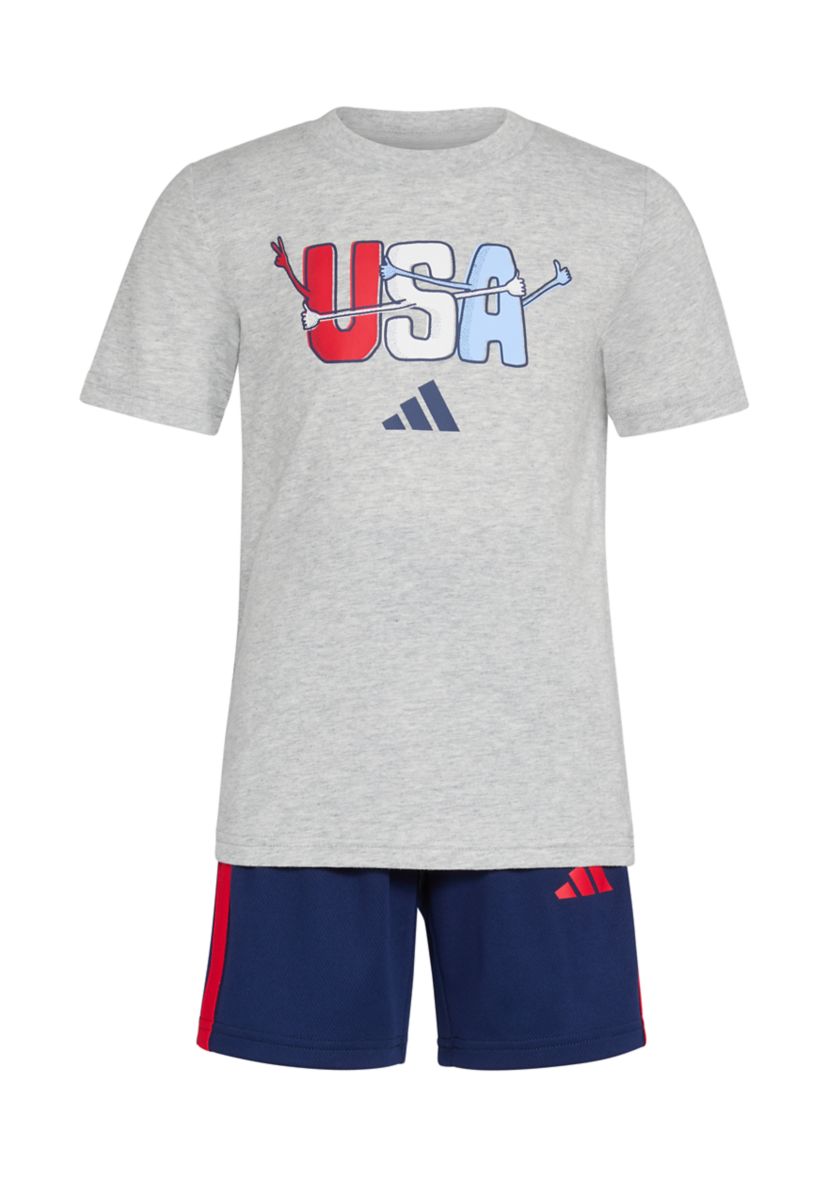 Boys 4-7 Two Piece Short Sleeve Graphic Cotton Heather T-Shirt and 3-Stripe Shorts Set