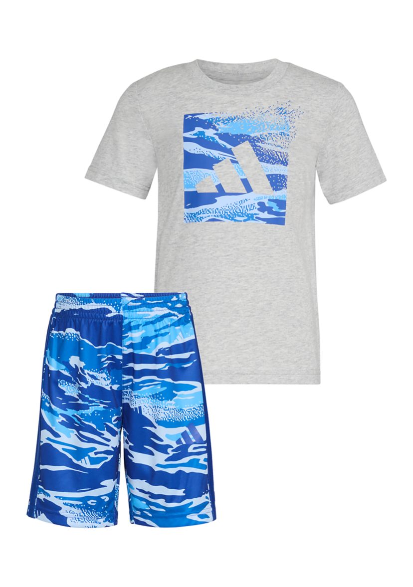 Toddler Boys Two-Piece Short Sleeve Cotton Heather Tee & Elastic Waistband Printed Short Set
