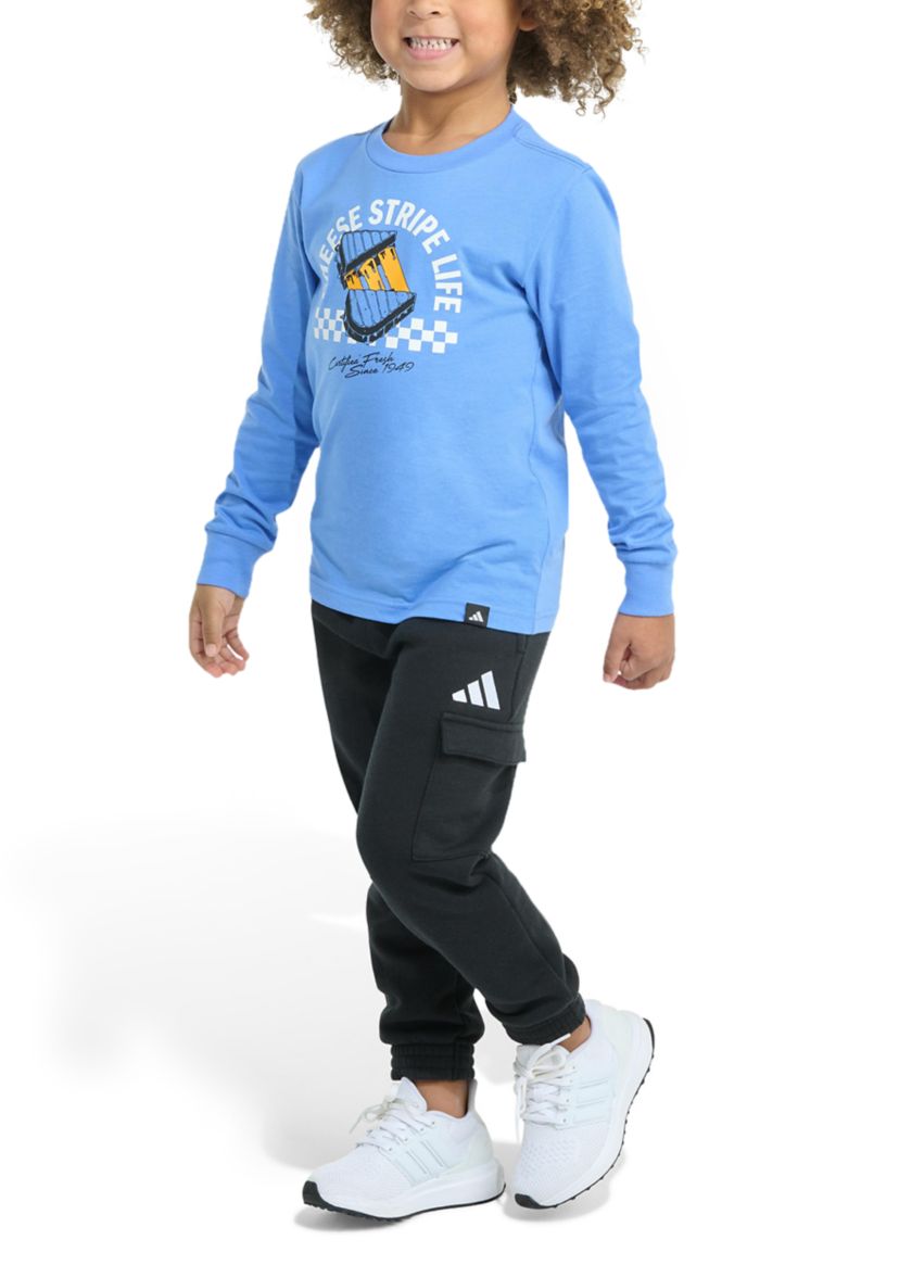 Toddler Boys Two Piece Long Sleeve Graphic Cotton T-Shirt and Elastic Waistband Cargo Joggers Set