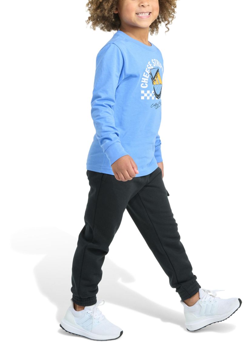 Toddler Boys Two Piece Long Sleeve Graphic Cotton T-Shirt and Elastic Waistband Cargo Joggers Set