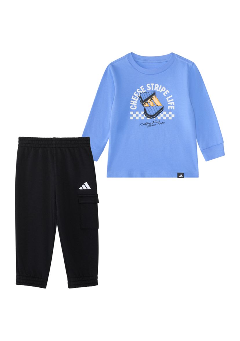 Baby Boys Two Piece Long Sleeve Graphic Cotton T-Shirt and Elastic Waistband Cargo Joggers Set