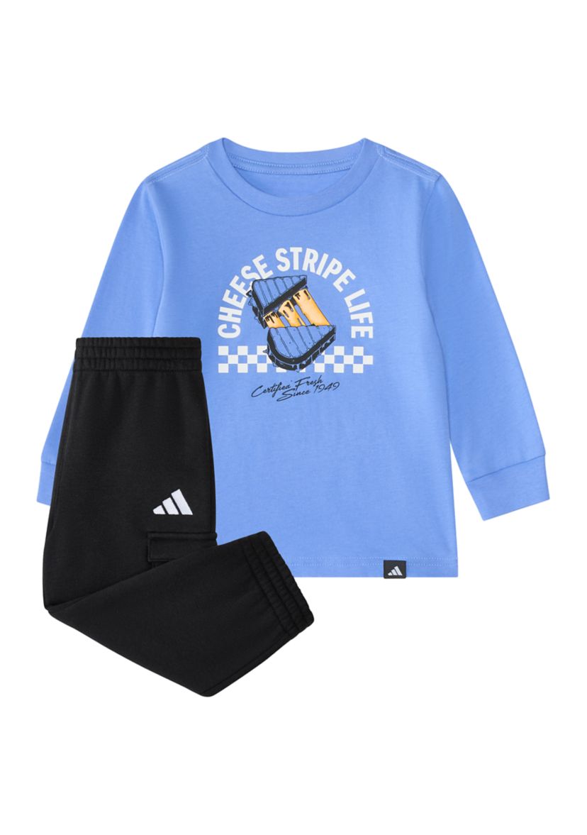 Baby Boys Two Piece Long Sleeve Graphic Cotton T-Shirt and Elastic Waistband Cargo Joggers Set