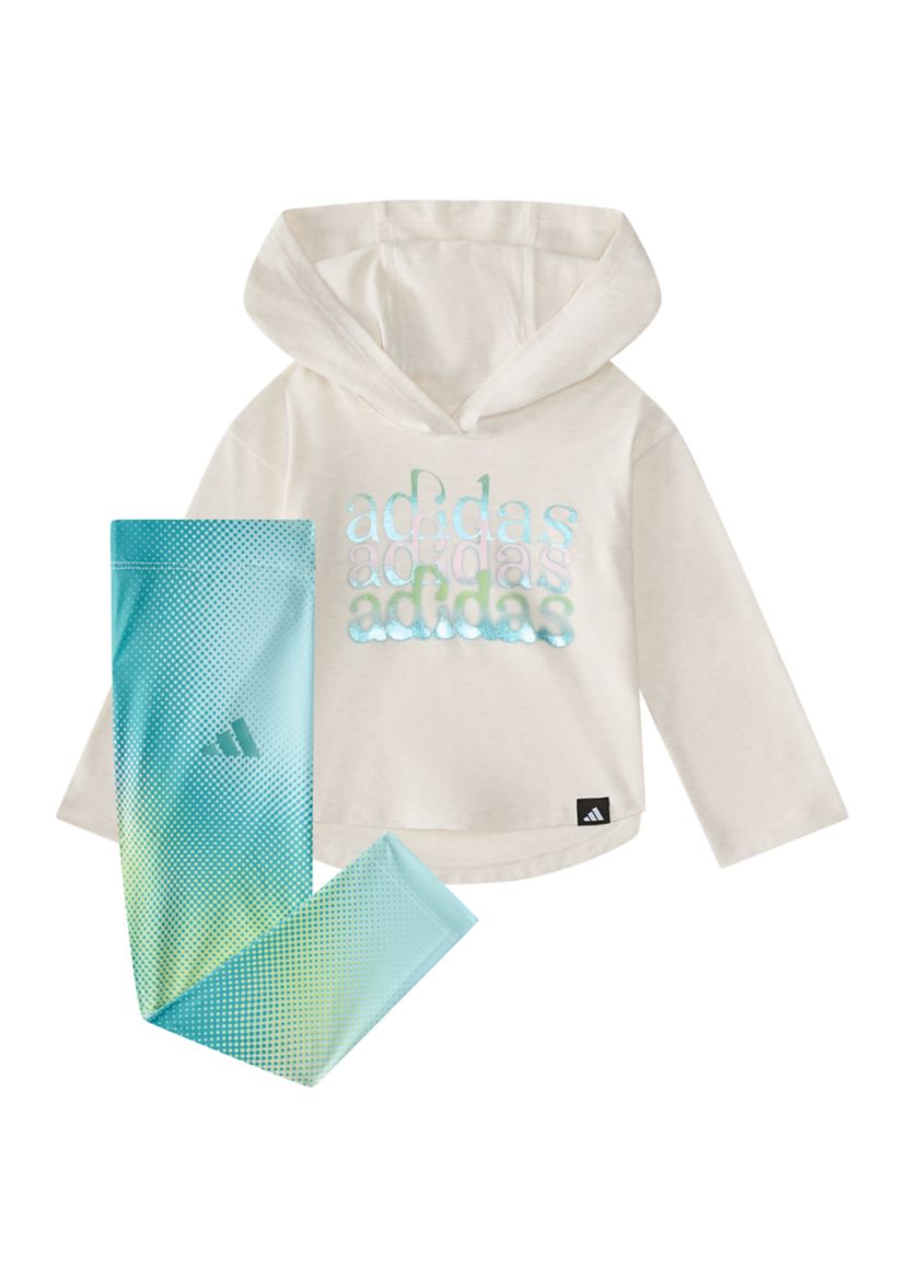 Baby Girls Two Piece Long Sleeve Hooded Heather T-Shirt & Printed Leggings Set