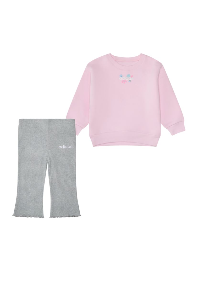 Baby Girls Two Piece Long Sleeve Crew Neck Fleece Pullover and Ribbed Flare Pants Set
