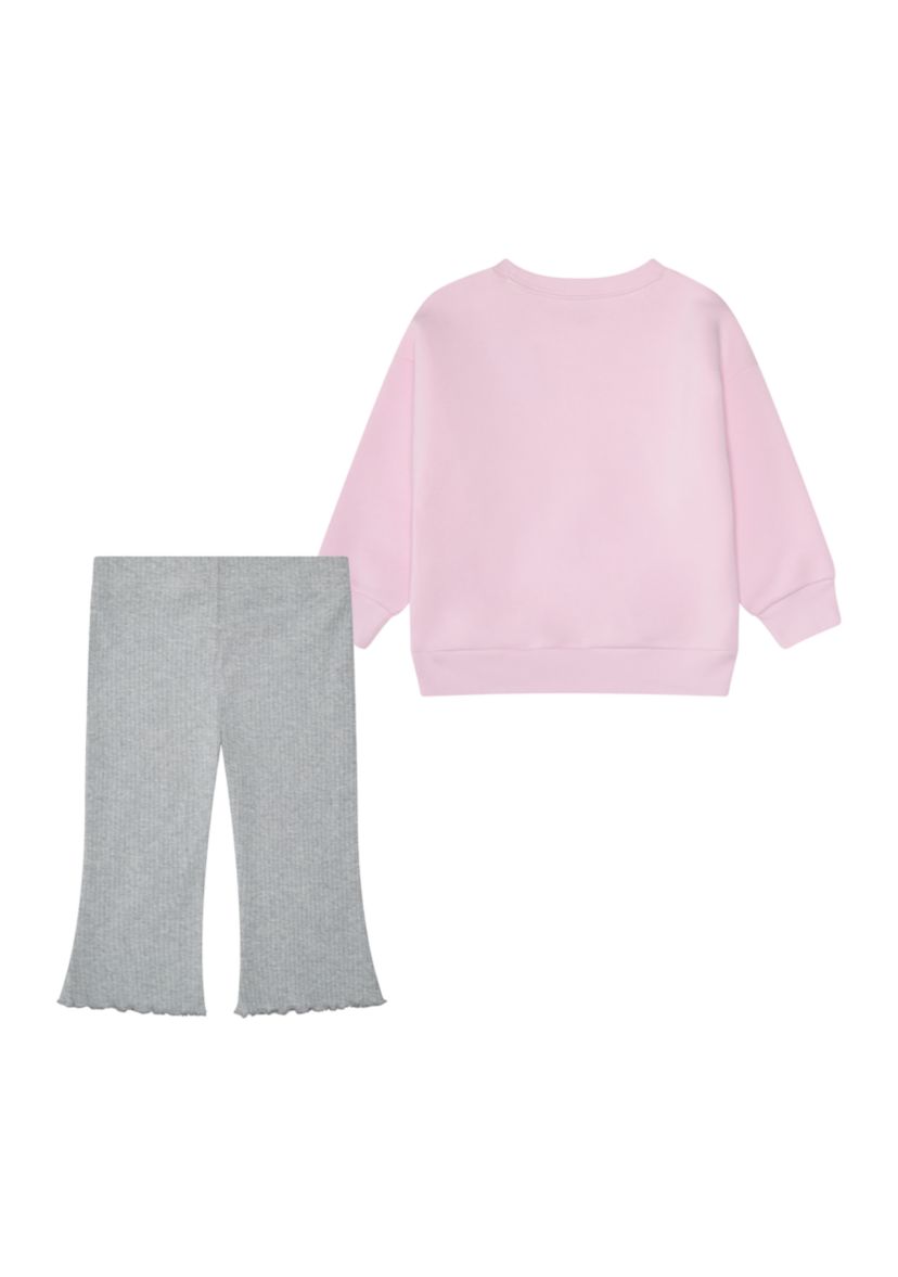 Baby Girls Two Piece Long Sleeve Crew Neck Fleece Pullover and Ribbed Flare Pants Set