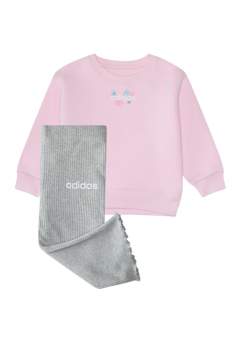 Baby Girls Two Piece Long Sleeve Crew Neck Fleece Pullover and Ribbed Flare Pants Set